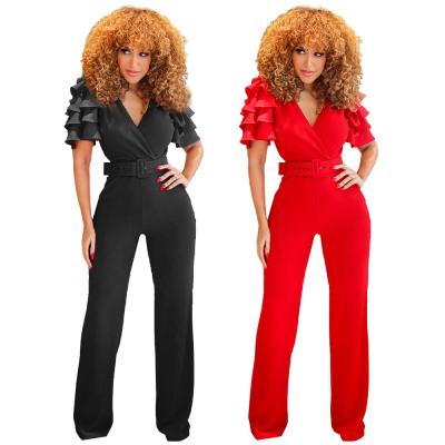 China Fashion V-neck ruffle spring/summer high waist pure color straight jumpsuit for sale