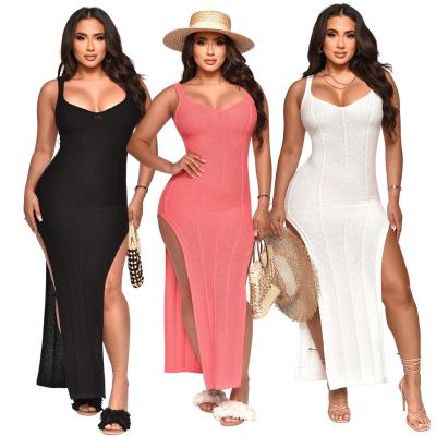 China Spring and summer beach dress V-neck knitted slit backless sexy dresses women lady elegant for sale