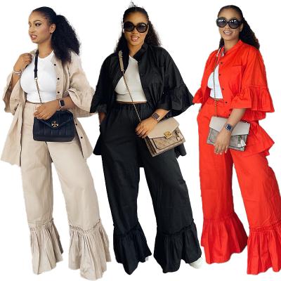 China Autumn New Design Ruffled Five-quarter Sleeve Shirt Flared Trousers Ladies Women Two-piece Set for sale