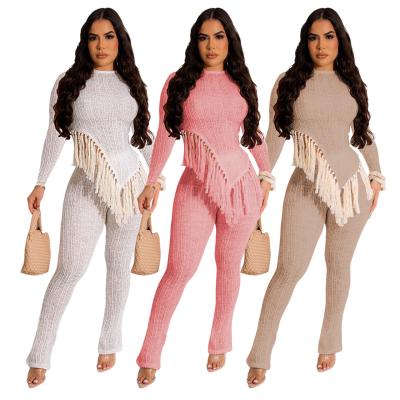 China Autumn Irregular Hem Tassel Long Sleeve Trousers Two-Piece Set Fall Elegant Fashion Ladies Women Suits for sale