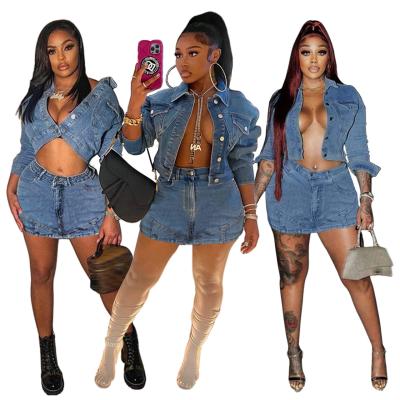 China Hot Selling Stretch Washed Jacket Short Skirt Two Piece Set Ladies Street Fashion Outfit for sale