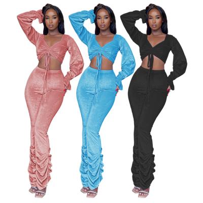 China High-grade velvet V-neck trumpet sleeves bow pleated pile pants sexy suit women's autumn and winter two-piece set for sale