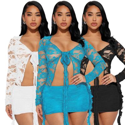 China Vendors for clothing women sexy street elastic lace V-neck lace-up see-through sexy short skirt two-piece sets for sale