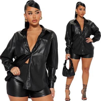 China Women Fashion Clothes Leather Suits Street Trend Casual Black Long-sleeved Shirt Blouse And Shorts Two Piece Pants Set for sale