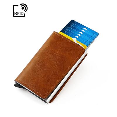 China Fashion Vintage PU Leather RFID Blocking Slim Card Holder Wallet Credit Cards Holders Clip With Aluminum Alloy Custom Logo Packaging for sale