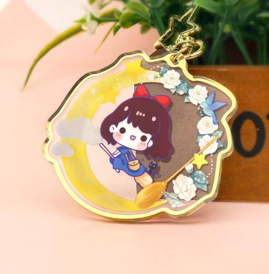 China Gift Free Sample Cartoon Anime Gold Edge Acrylic Key Chain Printed Transparent Clear Glitter Epoxy Plastic Charms With Design for sale