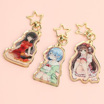 China Promotional Gift Cartoon Anime Customized Acrylic Gold Rim Key Ring Transparent Plastic Epoxy Gold Edge Charms No Moq for sale