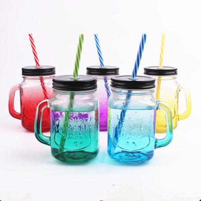 China Household Products 16OZ Mason Glass Cup Colored Glass Drink Mug With Screw Top And Straw for sale