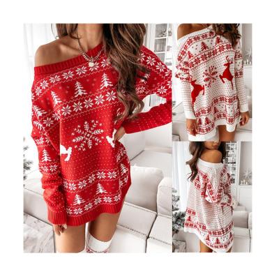 China 2021 Anti-wrinkle Wish Amazon Sexy Jacquard Loose Sweater Off Shoulder Women Knit Christmas Sweater Dress for sale