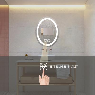 China Wall Touch Screen Magnifying LED Anti Fog Lights Round Smart Bathroom Mirror With Time Display for sale