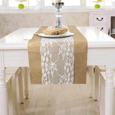 China Solid Color Burlap Cafe Dining Table Runner Wedding Decor Burlap Lace Table Runner for sale