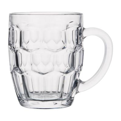 China Beer mug maker decal printing logo drinking glass beer mug beer mug clear thick glass mug with handle for sale