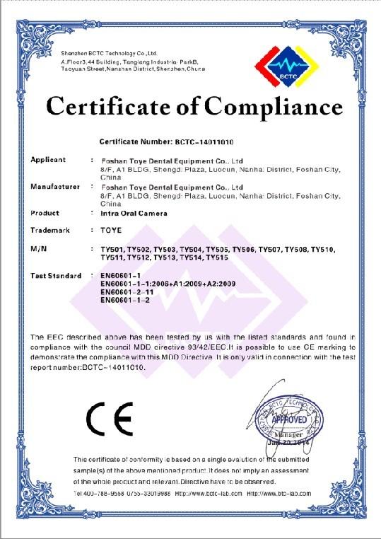 CE Certificate of intra oral camera - Foshan TOYE Dental Equipment Co.,Ltd