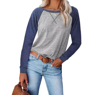 China Autumn Casual Stress Long Style Anti-Wrinkle O-Neck Sleeve T-shirt Ladies Patchwork Women Tops Fall Out Tops For Women Tops For Women 2021 for sale