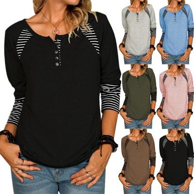 China New Autumn Anti-wrinkle sleeve button along O-neck popular fashionable comfortable autumn full T-shirt women's tops for women tops for women 2021 for sale