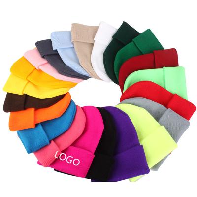 China COMMON Fashionable Custom Embroidery Logo Solid Color Warm Winter without eaves Custom Knitted Beanie Hat for sale