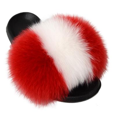 China 2021 Fashion Trend Design A Real Word Real Luxury Comfortable New Word Thick Fox Fur Slide Fox Fur Slippers Wholesale For Women for sale