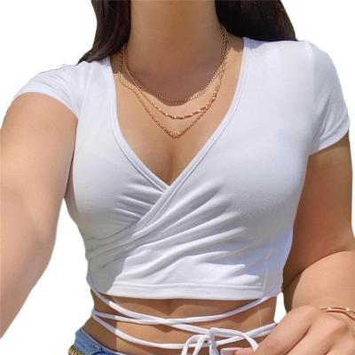 China Women's Surplice Anti-Wrinkle Top Short Deep Sleeve Bandage Fitted Crop V-Neck Wrap Cross Tie Up Crop Top T-Shirt For Women for sale