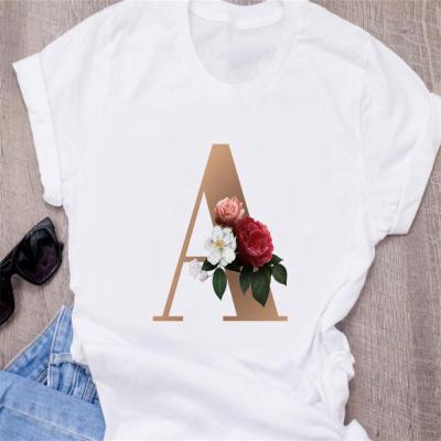 China High Quality Printing Font A-Z Custom Letter Combination Women's Anti-Wrinkle Name T-shirt Flower Letter Shorts Sleeve Custom Logo T-shirts for sale