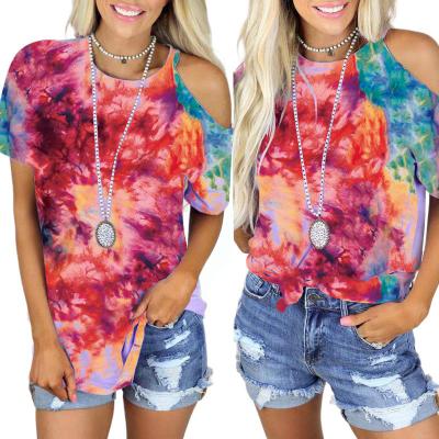 China 2021 New Women's Summer Round Neck Strapless Short Sleeve Round Neck Strapless Short Sleeve T-shirt Ladies Print Anti-Wrinkle Tie-Dye T-shirt for sale