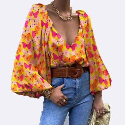 China 2021 Anti-wrinkle new style pullover V-neck length women's sheath blouse long retro mid shirt fashionable butterfly for sale