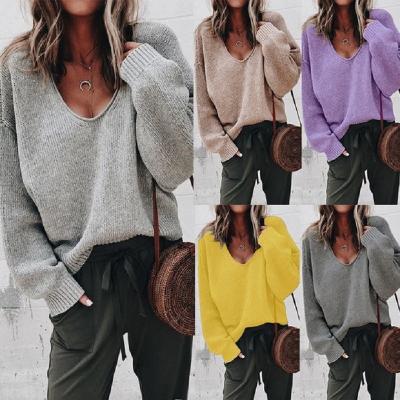 China 2021 Autumn Winter Women's Long Sleeve Anti-pilling V-Neck Gray Knitted Sweater Top Women's Cashmere Sweaters Drop Sweaters for sale