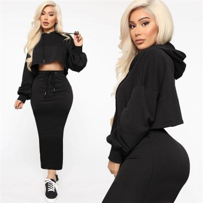 China 2021 QUICK DRY Hot Sale Ladies Fashion Casual Short Hooded Set Drawstring Solid Color Two Piece Skirt Sets Women Skirt Two Piece Sets for sale