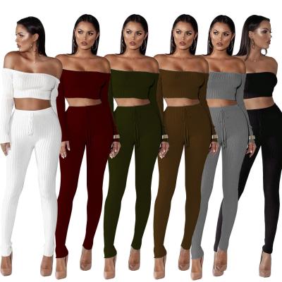 China 2021 QUICK DRY short top wear knit casual solid spring off the shoulder color color set women two-piece fashion simple casual fitness suit for sale