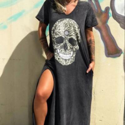 China 2021 Streetwear High Side Slit Women's Breathable Punk Dresses Summer Casual Dress Women's Skull Print Loose Short Women's Sleeve Dress for sale