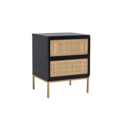 China Assembled Home Furniture Series Wood and Rattan Side Table with Metal Frame, 2-Drawer Storage, Black for sale