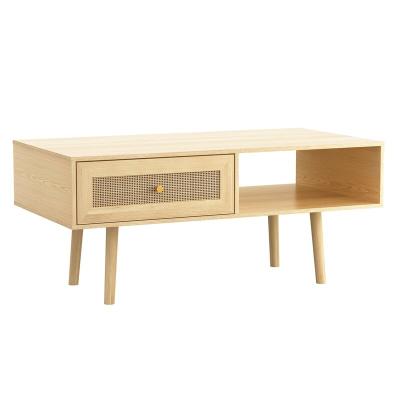 China Modern living room furniture (height) adjustable wooden chest coffee table with 1 solid wood rattan drawer leg for living room natural color for sale