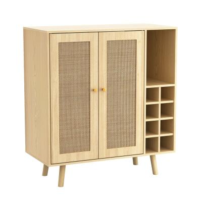 China Assembled White Wooden Kitchen Furniture 2 Door Rattan Server Buffet Table Storage Cabinet 8 Cube Wine Shelf for sale