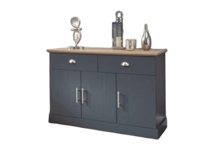 China Adjustable (Height) Large Sideboard 3 Door 2 Drawer Metal Cup Blue Handles Oak Top for sale