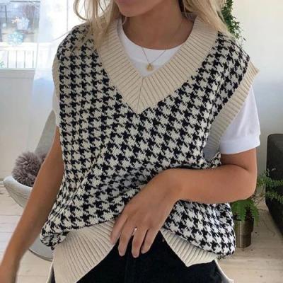 China Kingsun Anti-Wrinkle Houndstooth Knitted Sweater Vest For Autumn Lady Women's Casual Knitted V-Neckline 5pcs Top Womens Sweaters for sale