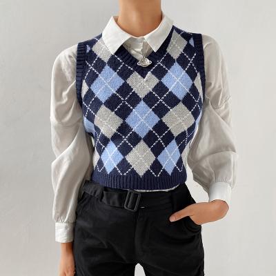 China Anti-Wrinkle Kingsun Argyle Plaid Knitted Female Sweater invest england style preppy clothes casual v-neck 90s cropped knitwear fall for sale