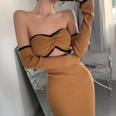 China 2021 fashion anti-pilling knitted tight 2 piece sweater dress suit set for sale