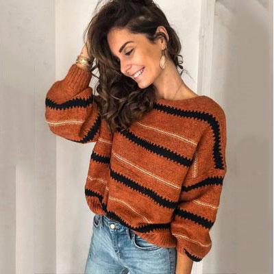 China 2020 fashion anti-pilling women round neck stripe sweater sweater manufacturer for sale