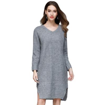 China Solid Loose V-neck Anti-pilling Knitwear Women Sweaters Long Sleeve Pullover Dress for sale