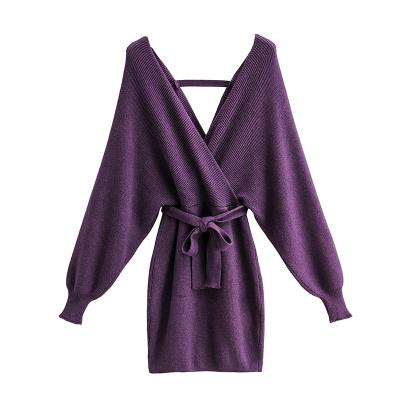 China Anti-pilling v neck cross back knitted autunm high street fashion sweater dress for sale