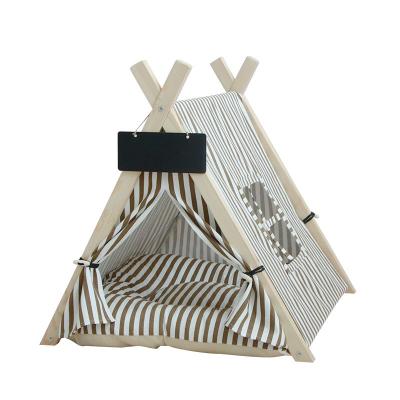 China Removable and Washable Beige Striped Pet Bed Cat Kennel Dog Tent Travel Pet Nest Triangle Supplies for sale