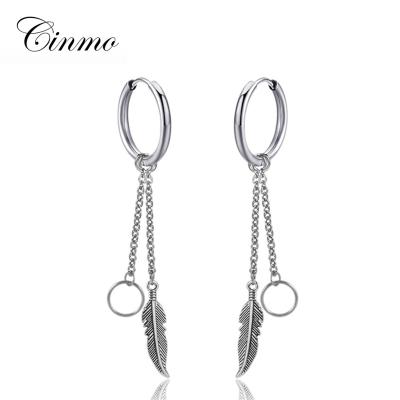 China CLASSIC Cinmo Jewelry Hip Hop Feather Ring Drop Earrings Fashion 316L Stainless Steel Circle Long Chain Earring For Women Men Gift for sale