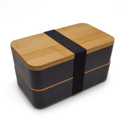 China Microwavable Japanese Style Salad Sushi Bento Box 2 Layers Lid Bamboo Lunch Box Compartments with Cutlery for sale