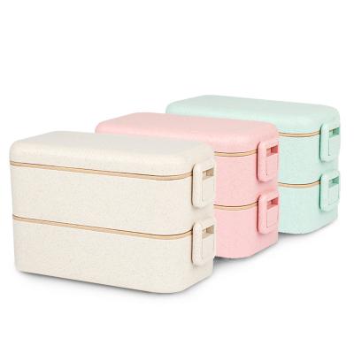 China Double Layers Bento Box 2 Compartments Leakproof Microwavable Wheat Straw Plastic Lunch Box With Cutlery for sale