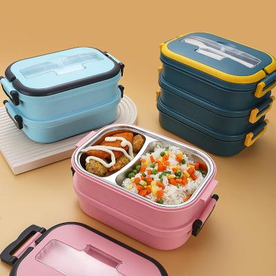 China Leak Proof 3 Compartments Tiffin Lunch Box Heatable Double Layers Lunch Box Stainless Steel for sale