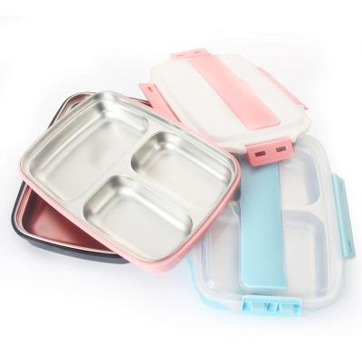 China Sustainable Plastic Lid Bento Box 3 Compartments Stainless Steel Leakproof Lunch Box For School Office for sale