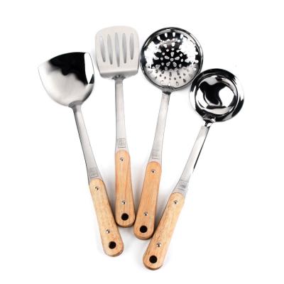 China Sustainable Heavy Duty Wooden Handle Cooking Tools Stainless Steel Kitchenware Utensil Set for sale