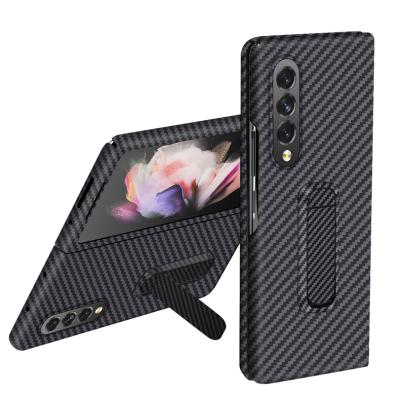 China Real Carbon Fiber Shockproof Case For Samsung Galaxy Z Fold 3 5G Aramid Fiber Folding Protective Phone Cover For Samsung Fold 3 With Stand for sale