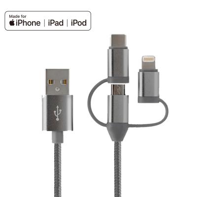 China 3 in 1 mfi cable braid nylon type micro usb c cable for iphone 12 lightning cable fast charging 3 in 1 data cable for sale