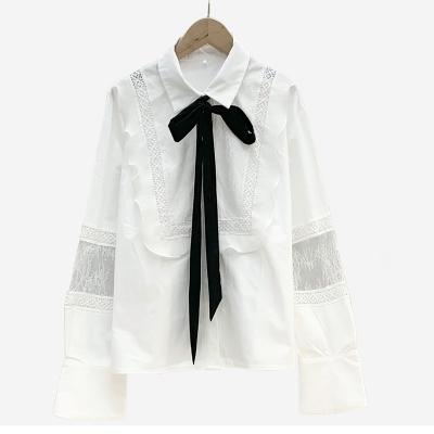 China QUICK DRY White Splicing Lace Bow Tie Blouse Shirts Female Femal Long Shirt for sale