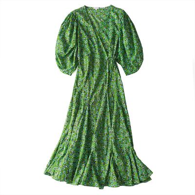 China Anti-Wrinkle Summer Dresses 2020 Green Printed Long Flowy Woman Summer Dresses Skirt for sale